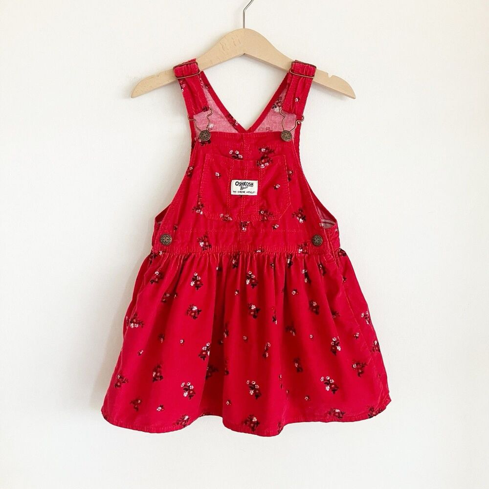 OshKosh Bgosh Vestbak Corduroy Overall Dress Girls Size 3 3T Red Floral Print